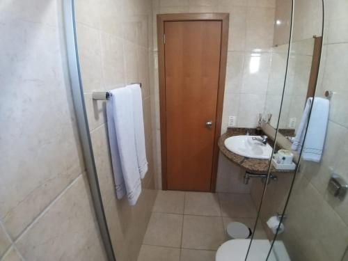 a bathroom with a shower and a toilet and a sink at Hotel Solar Rio de Pedras in Luís Eduardo Magalhães