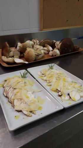 two plates of food with mushrooms on a counter at Trattoria Bar Pace in Re