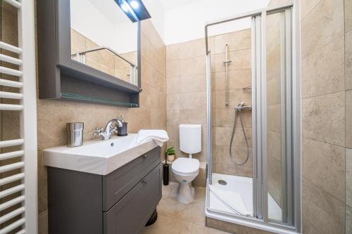 W łazience znajduje się prysznic, umywalka i toaleta. w obiekcie Villa Sofia w mieście Borkum