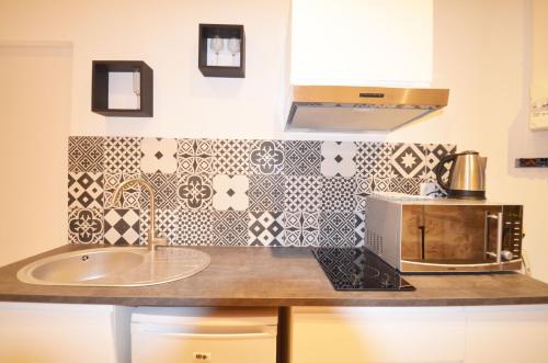 un comptoir de cuisine avec un évier et un micro-ondes dans l'établissement Charmant studio au calme centre historique, à Montpellier