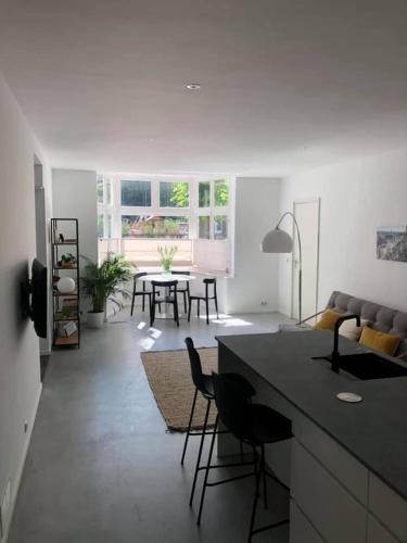 a kitchen and living room with a table and chairs at Huize Hoge Fronten in Maastricht