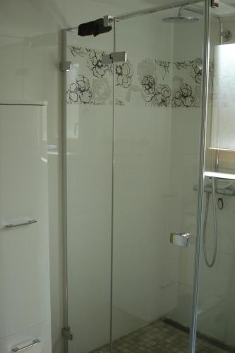 une douche avec une porte vitrée dans une salle de bain dans l'établissement LEMAN, à Thonon-les-Bains