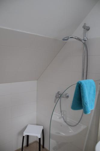 ein Bad mit einer Dusche und einem blauen Handtuch in der Unterkunft Pension Lachmann in Pfaffendorf