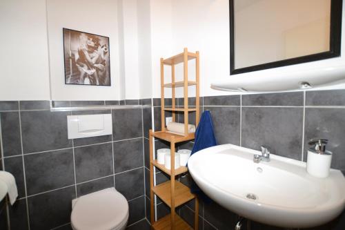 a bathroom with a sink and a toilet and a mirror at Loft directly next to Oktoberfest and downtown in Munich