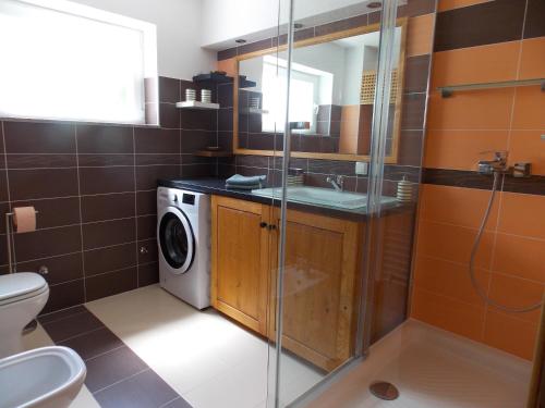 een badkamer met wastafel en wasmachine bij Apartment with private pool in Njivice