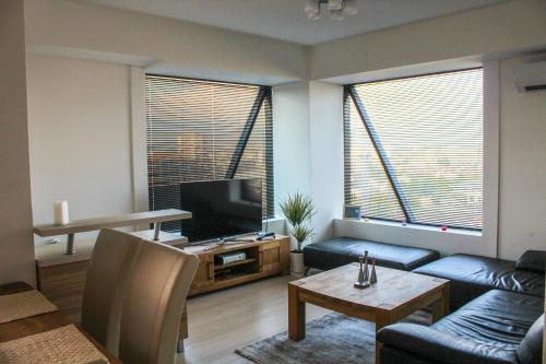 a living room with a couch and a tv at Neoz Apartments in Skopje