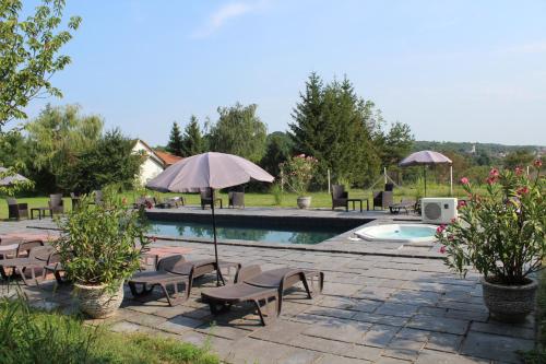 eine Terrasse mit Stühlen und einem Sonnenschirm neben einem Pool in der Unterkunft Magtár Vendégház Harsány in Harsány