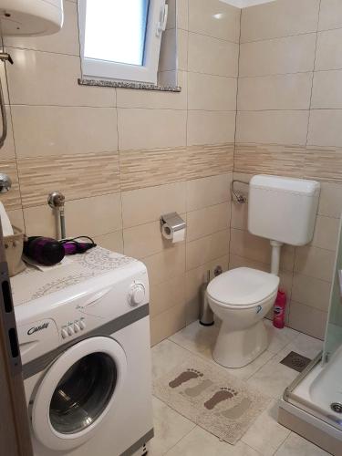 a bathroom with a washing machine and a toilet at Apartment Natali in Brseč