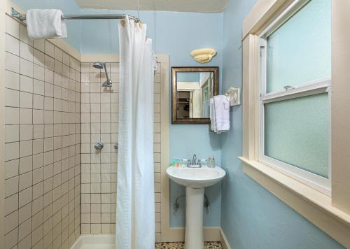 La salle de bains est pourvue d'un lavabo et d'une douche. dans l'établissement River Rock Inn, à Mariposa