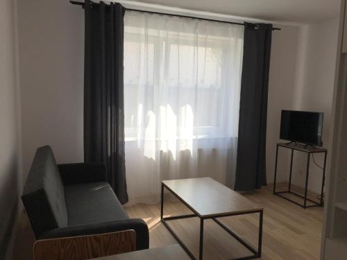 uma sala de estar com uma cadeira e uma janela em Apartament loft Krzeszowice centrum em Krzeszowice