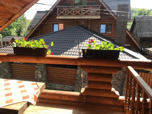 zwei Topfpflanzen auf einem Holzgeländer auf einem Haus in der Unterkunft Sadyba Pikuy in Belasovitsa