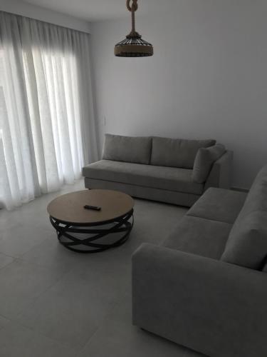 a living room with a couch and a coffee table at Vit'S sea Villa in Siviri