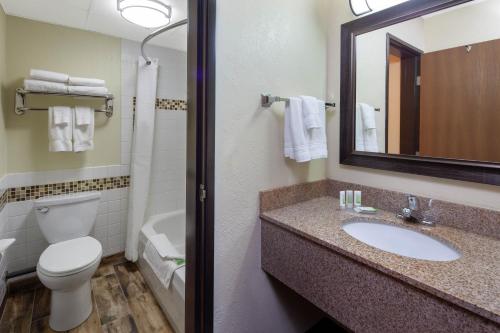 a bathroom with a toilet, sink and mirror at AmericInn by Wyndham Ironwood in Ironwood