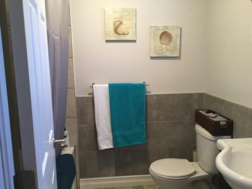 a bathroom with a toilet and a blue towel at BeachView Apartment in Port Hood