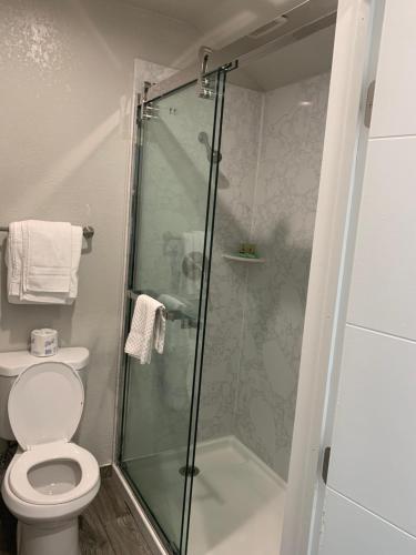 een badkamer met een toilet en een glazen douche bij Elmwood Motel in Auburn