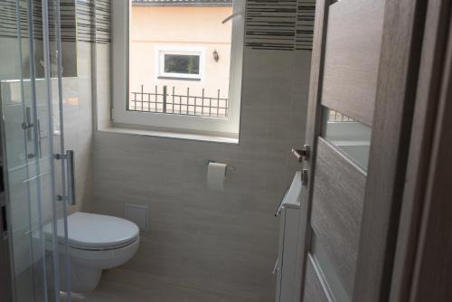 een kleine badkamer met een toilet en een raam bij Vila pod Černou horou in Rožnov pod Radhoštěm