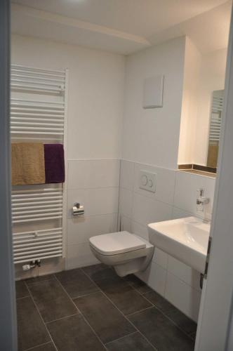 a white bathroom with a toilet and a sink at Ferienwohnung Vollert in Obersulm