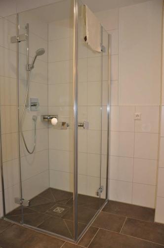 a shower with a glass door in a bathroom at Ferienwohnung Vollert in Obersulm