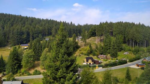 an aerial view of a house on a hill with a road at Greizer Kammhütte Gaststätte & Pension in Klingenthal