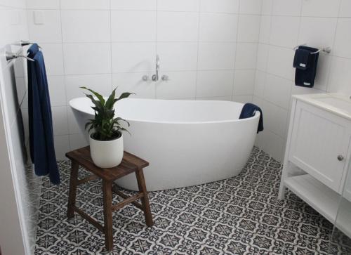 uma casa de banho com uma banheira branca e um vaso de plantas em Outback Cellar & Country Cottage em Dubbo