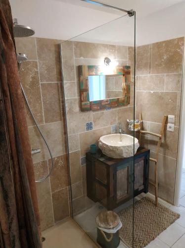 une salle de bain avec une douche avec un lavabo et un miroir dans l'établissement Résidence Village Marin Catalan TORREILLES PLAGE, à Torreilles