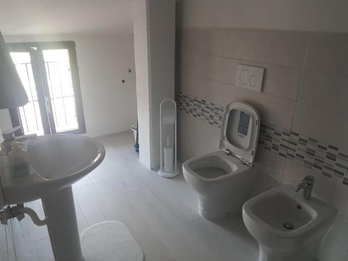 bagno bianco con lavandino e servizi igienici di La Casetta di Vitty a Conza della Campania