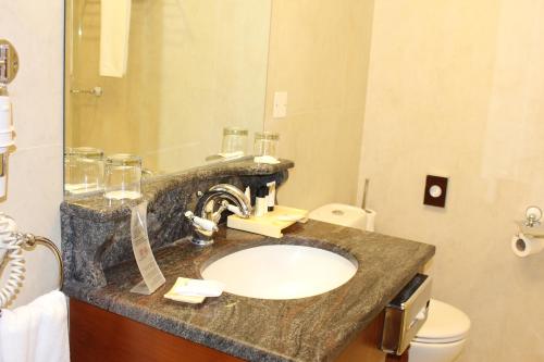 a bathroom with a sink and a toilet at Mövenpick Hotel & Resort Al Bida'a in Kuwait