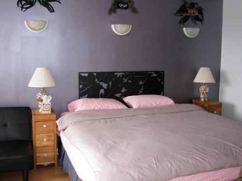 een slaapkamer met een roze bed en 2 roze kussens bij Fireflies Bed & Breakfast in Campbell River