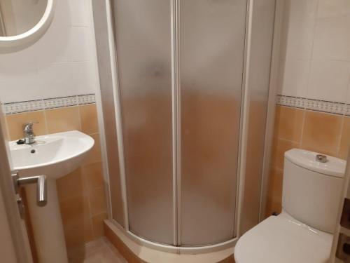ein Bad mit einer Dusche, einem WC und einem Waschbecken in der Unterkunft Urbanización Sueños de Denia II apto 2 habitaciones in Denia