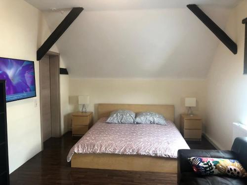 a bedroom with a bed and a flat screen tv at Westfalische Apartments in Lennestadt