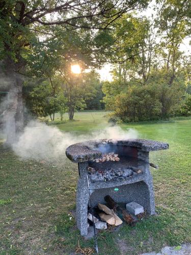 a stone grill with smoke coming out of it at Tooraku Turismitalu in Pusku