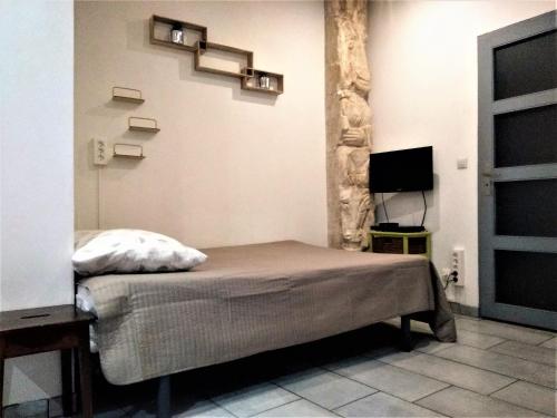 a bedroom with a bed and a tv in a room at L'Oriflamme in Avignon