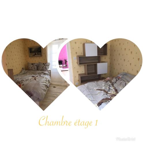a heart shaped picture of a bedroom with two beds at la petite forge in Saint-Saturnin