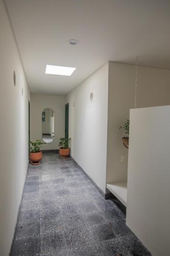 an empty hallway with potted plants in a building at Casa Ixaya by Barrio México in Guadalajara