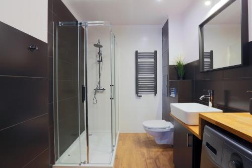 a bathroom with a shower and a toilet and a sink at Apartament Pod Winogronami in Kraków