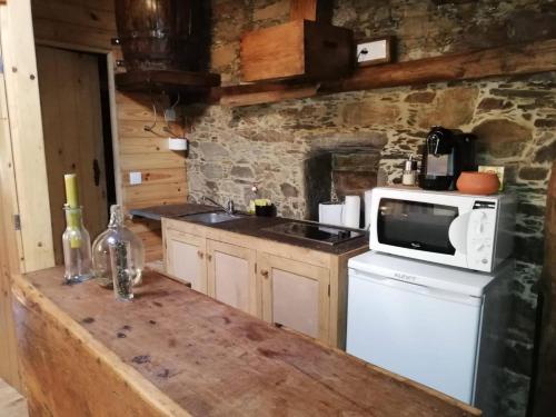 a kitchen with a counter with a microwave and a refrigerator at Casa de Cima in Lousã