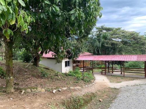 a building with a pink roof next to a tree at Candurumy Lodge in Tena