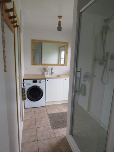 a bathroom with a washing machine and a sink at Pohutukawa Bach in Whangarei