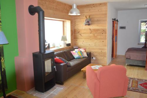 a living room with a wood burning stove at Das Nest in Eisenstadt