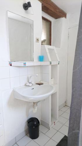 une salle de bain avec un lavabo blanc et un miroir dans l'établissement Volets rouges, à Mons