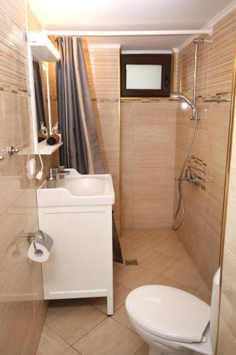 a bathroom with a toilet and a sink and a shower at Central Charming Home with Garden near Parking and NDK in Sofia