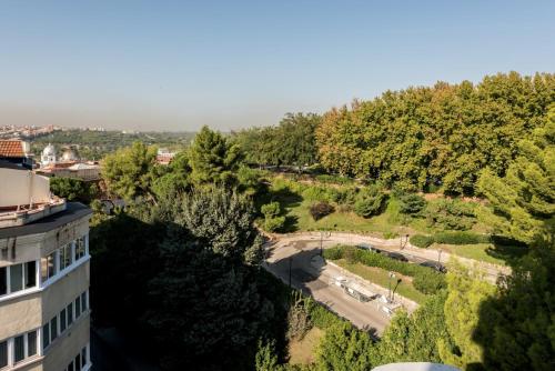 an aerial view of a park with trees and a building at Plaza de España Skyline in Madrid