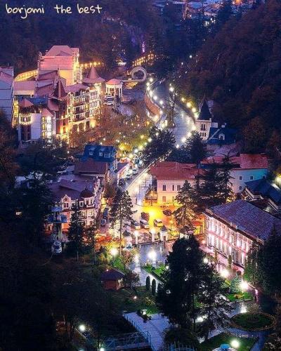 une ville illuminée la nuit par les lampadaires dans l'établissement Ananiko, à Bordjomi