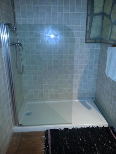 a bathroom with a shower with a glass door at Posada de los Cónsules in Consuegra