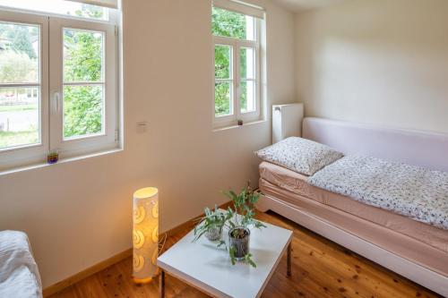 a living room with a couch and two windows at Ferienhaus im Fachwerkhof 'Haus in Bewegung' in Seelscheid