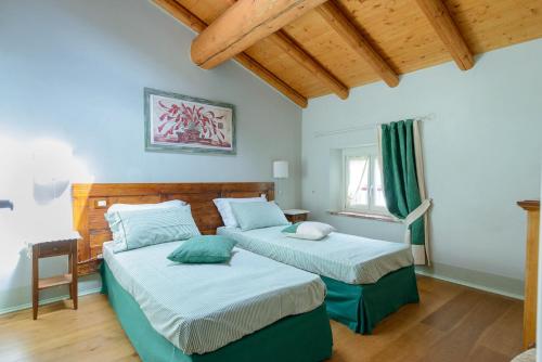 ネグラールにあるB&B Corte Jagoの青い壁と木製の天井が特徴の客室で、ベッド2台が備わります。