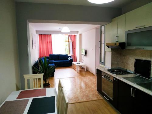 a kitchen and a living room with a couch at Lovely Apt at the heart of the city&near the lake in Pogradec