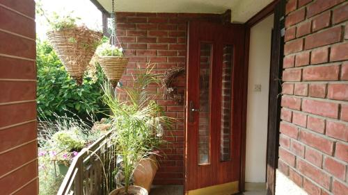 un mur en briques avec des plantes en pot à côté d'une porte dans l'établissement Apartman Anđela, à Varaždin