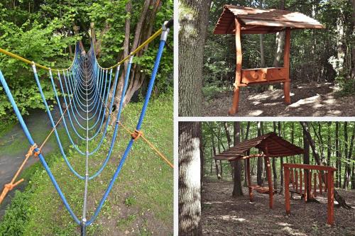 three pictures of a swing set in the woods at Zuzmó Guesthouse, Jósvafő, Aggtelek National Park - Stylish 150 year old farmhouse for 10 guests in Jósvafő