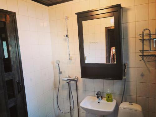 a bathroom with a sink and a mirror and a toilet at Arcticson / pohjosen poika in Syöte